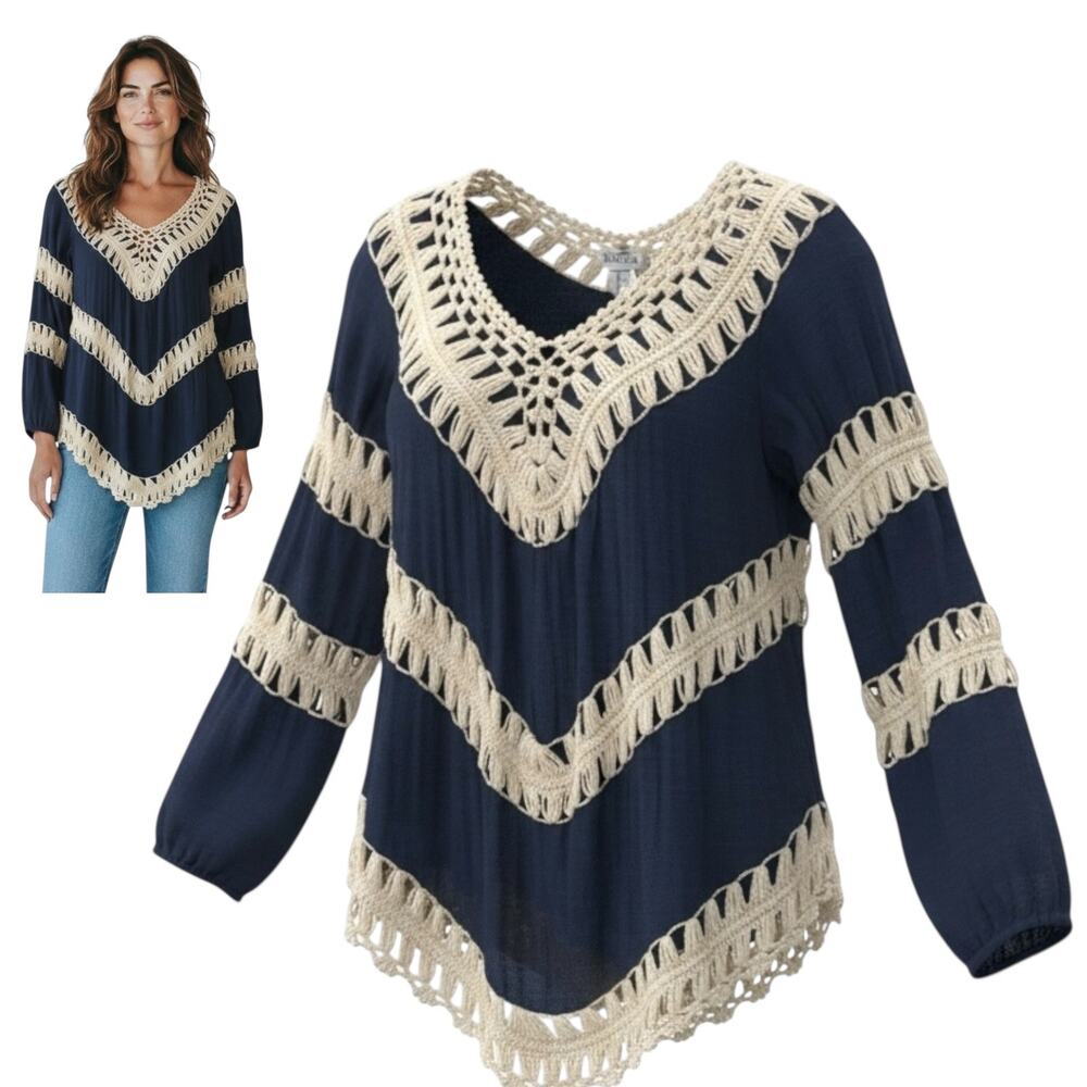 Umgee Boho Crochet Tunic Top Women's Small Hippie Swim Cover Up Shirt Beach Blue